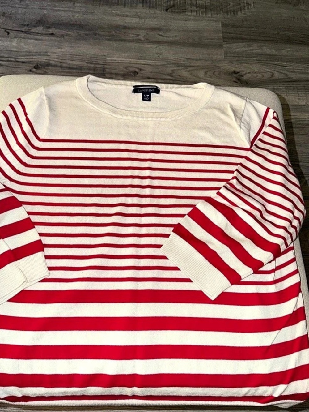 Lands' End Supima Cotton Striped Crewneck Sweater Red & White Large
